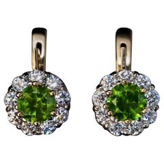 2.28 Ct Russian Demantoid Diamond Gold Cluster Earrings