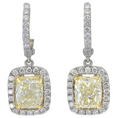 2.37 Carat Cushion Cut Yellow Diamond Halo Dangle Earrings in 18k White Gold