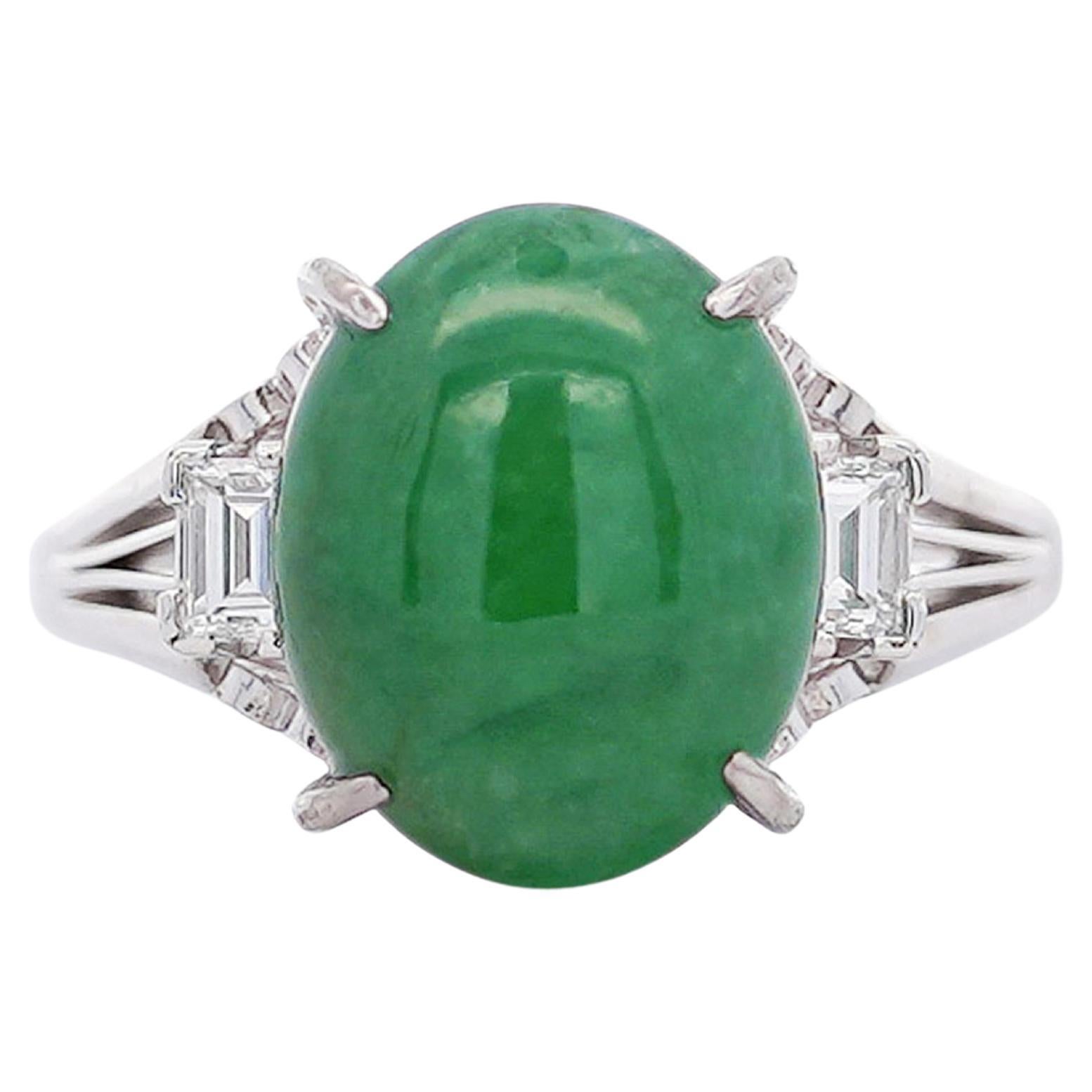 5.87 Carat Grade A Jadeite Jade and Diamond Platinum 3 Stone Ring