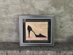 I Love Shoes #5 -8.25”x9.25”, Original Art, Framed, Pink Polka Dots, Black-Beige