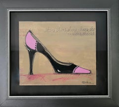 I Love Shoes #1 - 8.25”x9.25”, Black And Pink Shoe, Original Artwork, Framed