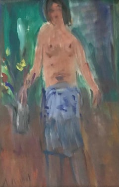 Half-naked woman gardening by Alexandre Rochat - Gouache