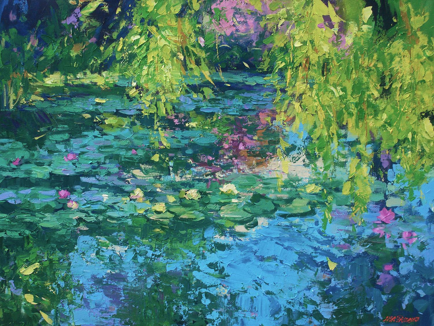 Lisa Palombo "Weeping Willow Pond" Lily Pond Acrylic Painting on Canvas