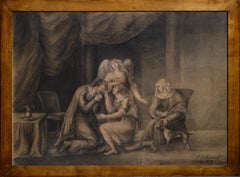 Old Testament Scene with Angel 1813 Large Grisaille Drawing on Paper Signed