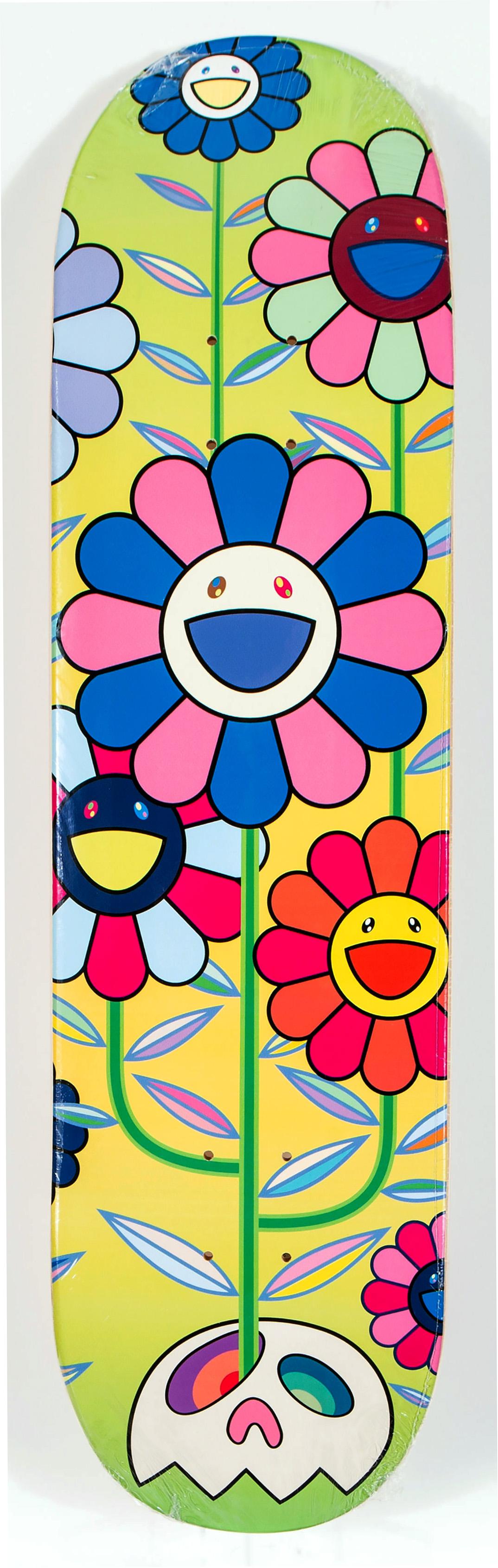 Takashi Murakami Flowers Skateboard Deck:
A vibrant piece of Takashi Murakami wall art produced as a completely sold out, limited series in 2019 in conjunction with Complexcon and Kaikai Kiki co. This deck is new in its original packaging. A