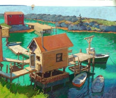 "Fish Shacks, Big" large scale oil painting, seascape with humble architecture