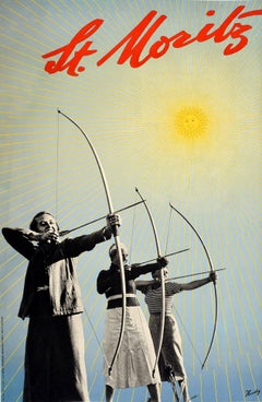 Original Vintage Poster St Moritz Swiss Alps Winter Sport Archery Travel Design