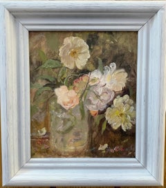 Impressionist English 20th century still life of White and yellow flowers