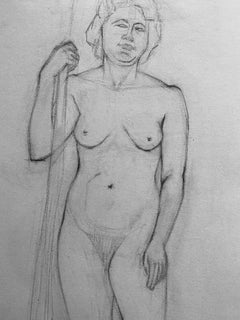 Mid 20th Century French Charcoal Drawing - Portrait of a Standing Nude Women