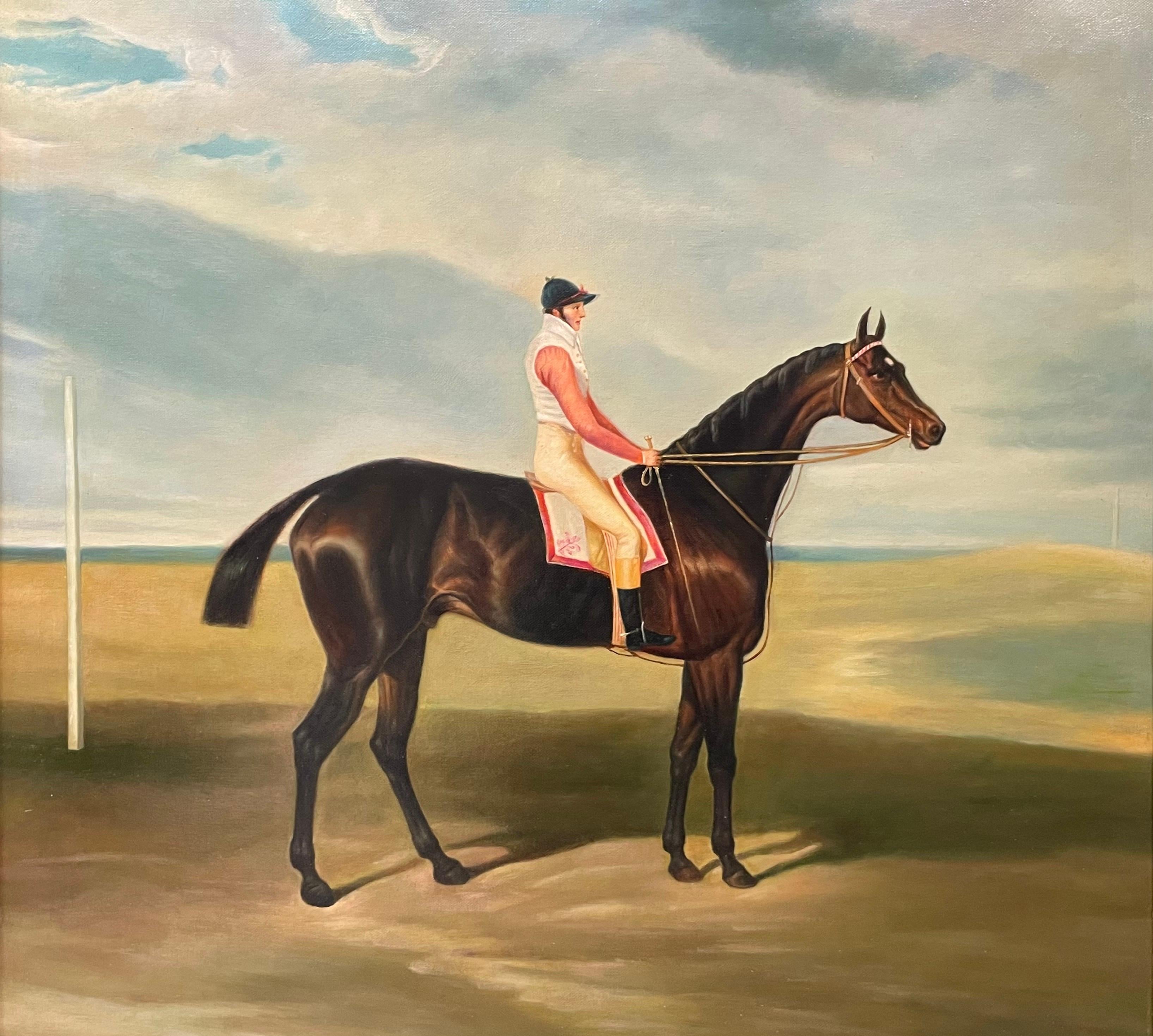 Fine Classic British Sporting Art Oil Painting - Racehorse with Jockey Up