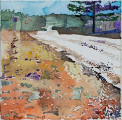 Contemporary landscape watercolor road gravel trees sky signed