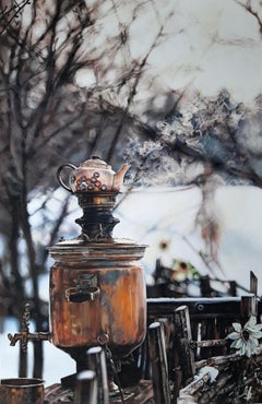 Christmas Still Life - Painting Orange Brown White Black Aquatint Watercolor