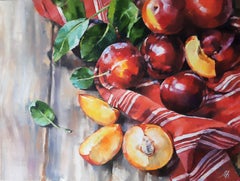 Plum Mood - Still Life Painting Colors Grey Yellow White Green Red Orange 