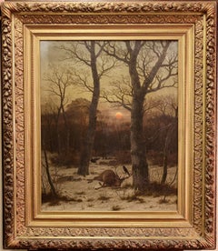 Caeser Bimmermann, Oil Painting, 1885. Snowy Winter Landscape with Deer.