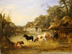 Oil Painting by John Dearman 1852, Landscape, Farm with Cows and Horse, Pony.