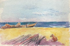 Figure on Sandy Beach Boat & Dog, French Expressionist Original Painting