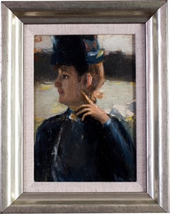 Small Impressionist painting, Lady in a hat,  by Peruvian artist Albert Lynch