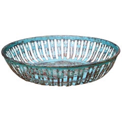 Industrial Metal Arts Reticulated Toleware Basket Bowl Painted Patina Farmhouse 