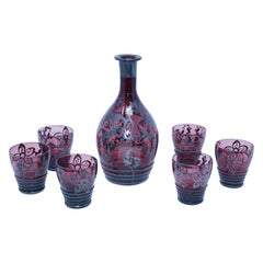 Amethyst Enameled Bohemian Glass Liquor Set Decanter and Six Glasses