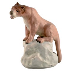 Amphora, Czechoslovakia, Hand-Painted Porcelain Figurine of Lioness on Rock