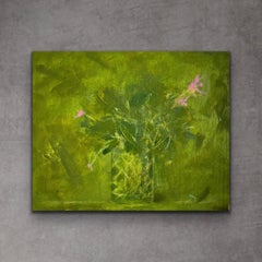 Evergreen - 8”x10”, Still Life Painting, Green Leaves, Pink Flowers, Glass Vase