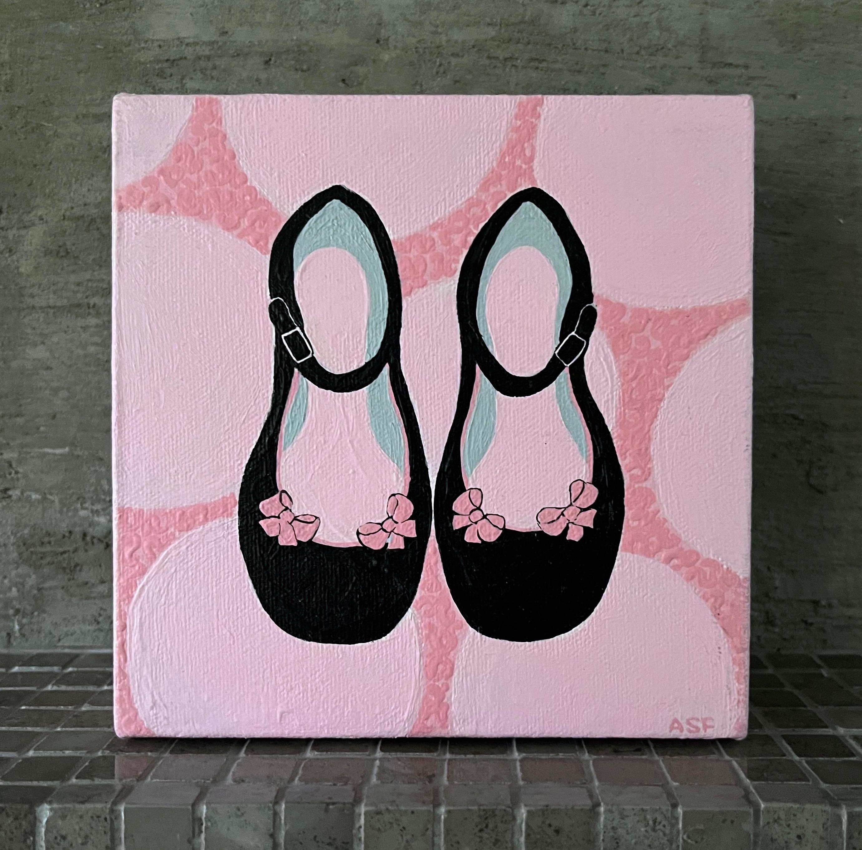 This original painting showcases a delightful pair of little girls dress shoes. Each shoe adorned with delicate pink bows, these classic Mary Jane style shoes are set against a pink background with a subtle textured pattern. A sweet touch for a new