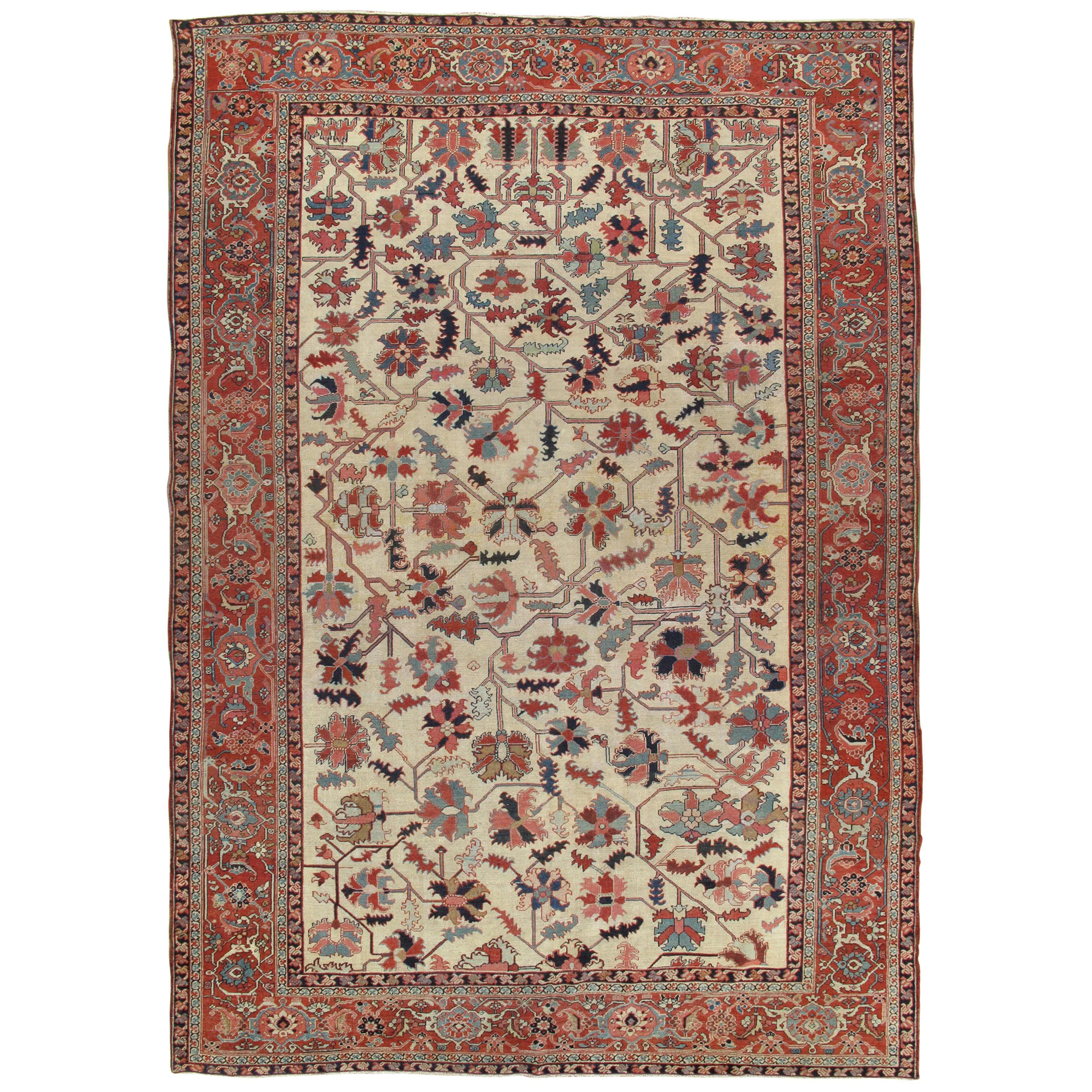 Antique Persian Serapi Carpet, Handmade Wool Oriental Rug, Ivory and Light Blue