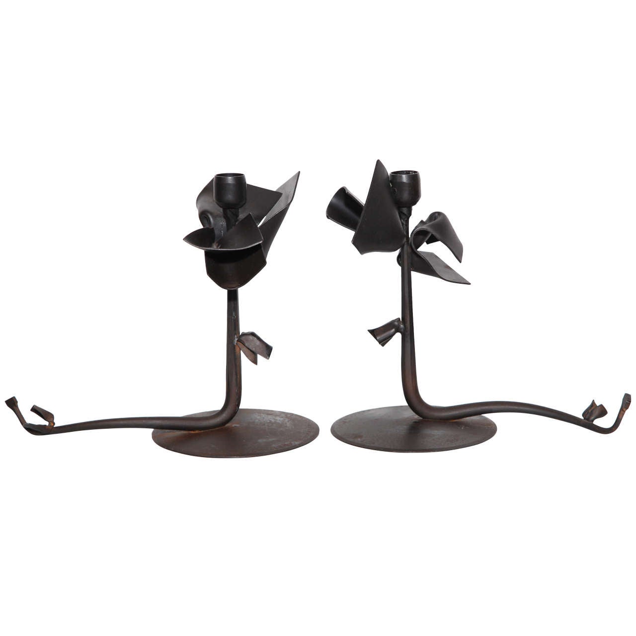 Pair of Albert Paley Darkened Forged Iron Botanical Candlesticks, 1993 