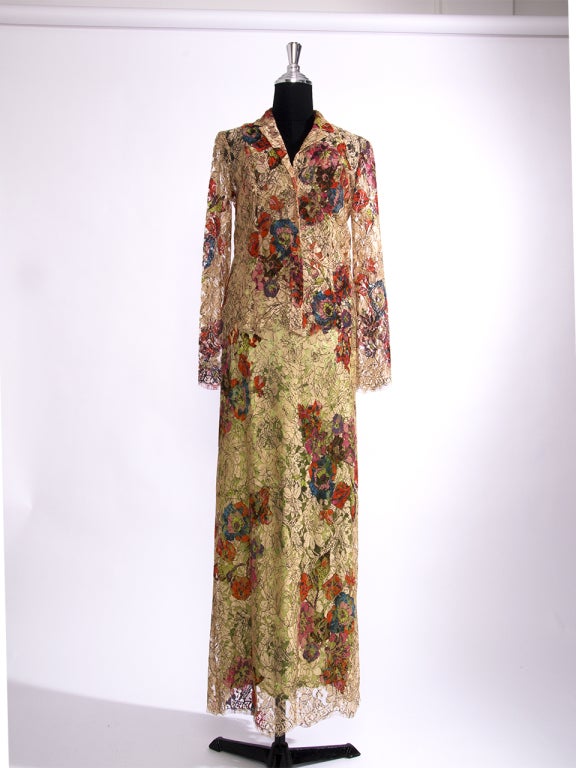 Christian Lacroix Lace Maxi Dress comes with matching lace blazer. Beautifully crafted lace with bright dyed flowers.