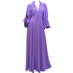 Ossie Clark Summer Vibrant Purple Moss Crepe Gown Vintage 1970's London