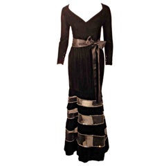 Givenchy Black Velvet Gown with Horsehair Rhinestone Trim Sheer Sections