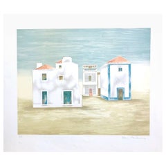 ALGARVE LANDSCAPE Signed Lithograph, Minimalist White Houses, Blue, Beige, Gray