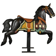 Black Carousel Horse, Wood Horse Sculpture on Metal Base, 1960s