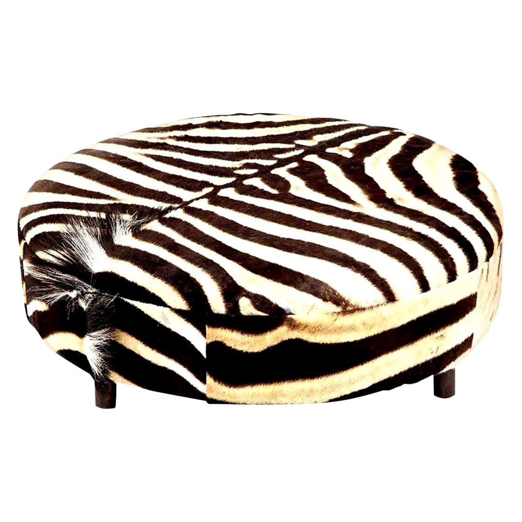 Zebra Hide Ottoman, Chocolate & Cream, Round, Contemporary, New Hides, USA Made