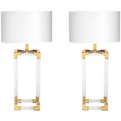 Jacques Lucite and Brass Column Table Lamp