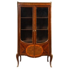 Antique 19th Century Breakfront Display Vitrine / China Cabinet, Decorative Wood Inlay