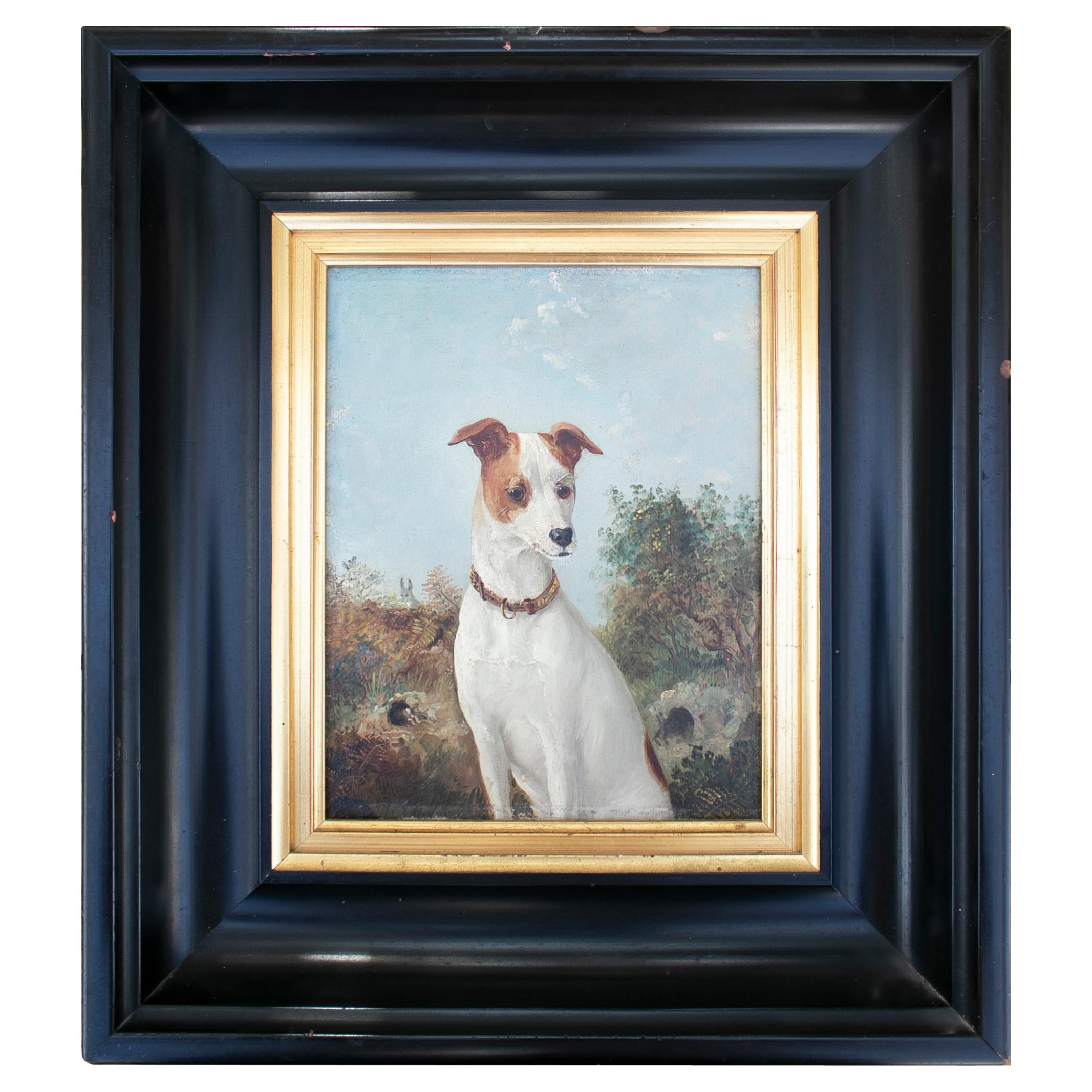 19th Century English Oil on Canvas Hunting Dog Portrait Painting w/ Frame