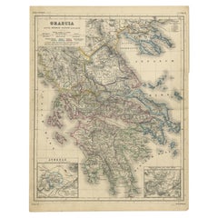 Antike Karte von Griechenland mit zwei kleinen eingelassenen Karten von Athen, um 1870