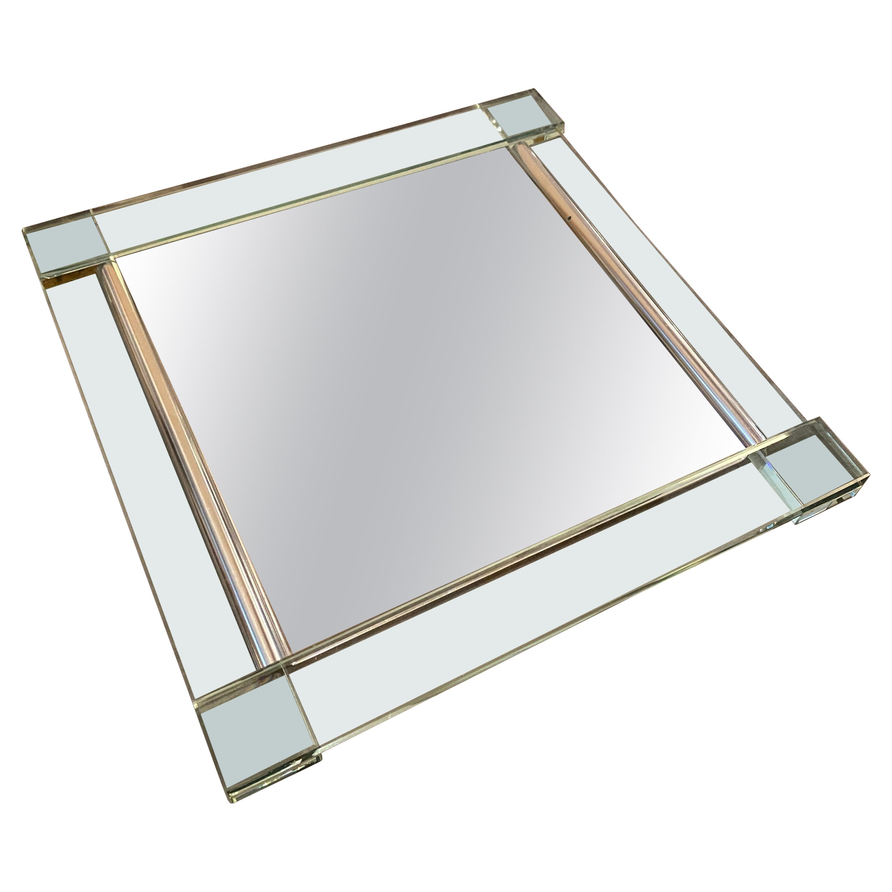 1980s Modernist Heavy Glass and Silver Plate Square Italian Tray For Sale