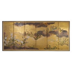 Japanese Six Panel Screen: Rimpa Painting of Autumn Flowers and Grasses on Gold