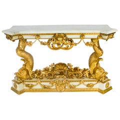 Antique Painted & Gilded Dolphins Console Pier Table 19th Century