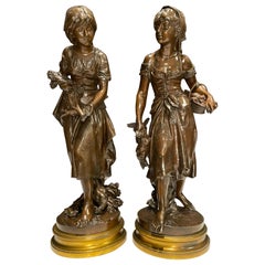 Pair Of 19th Century Bronze Sculpture Young Girls By Mathurin Moreau