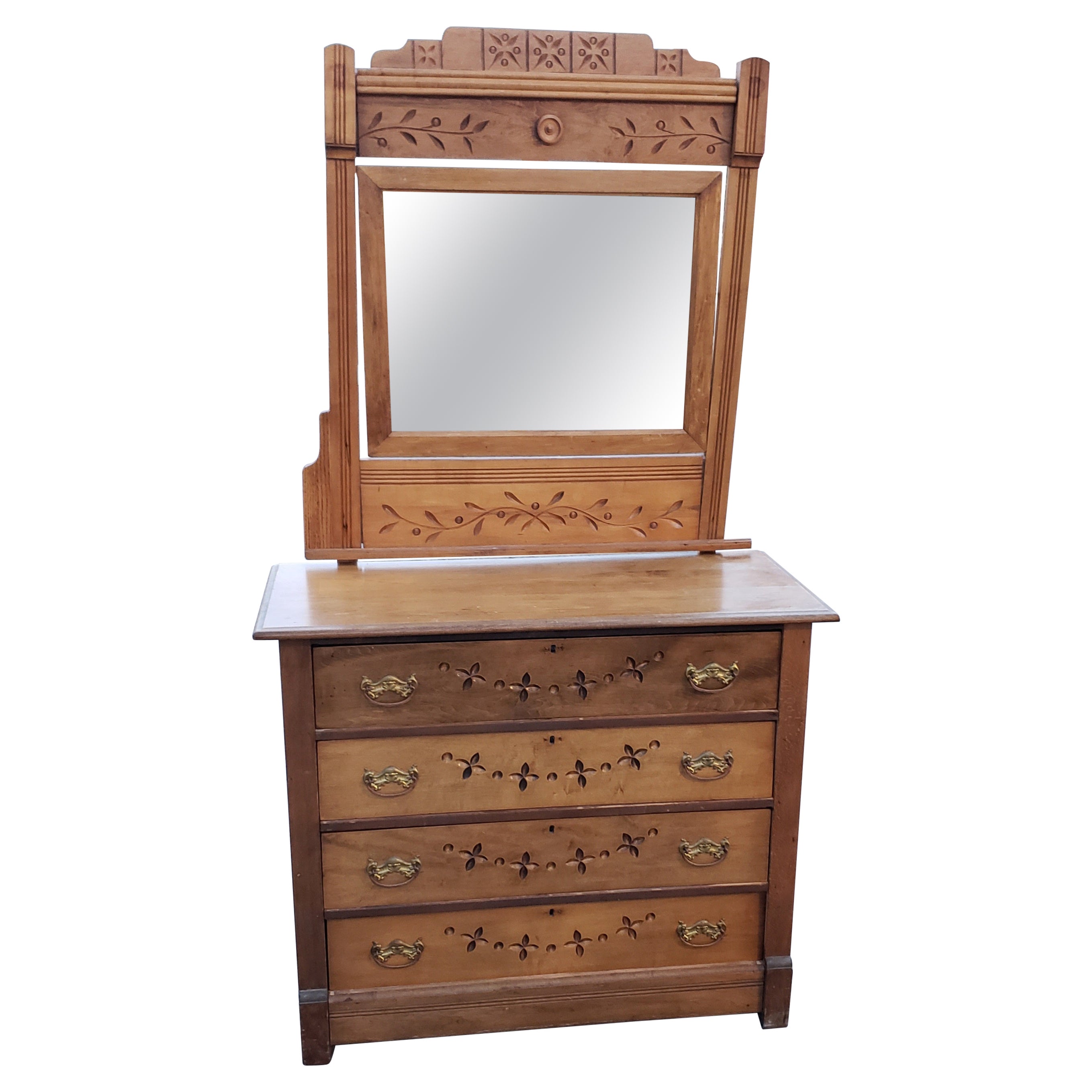 Edwardian Bureau Secretary 4 Drawers Chest with Original Mirror, circa 1920s