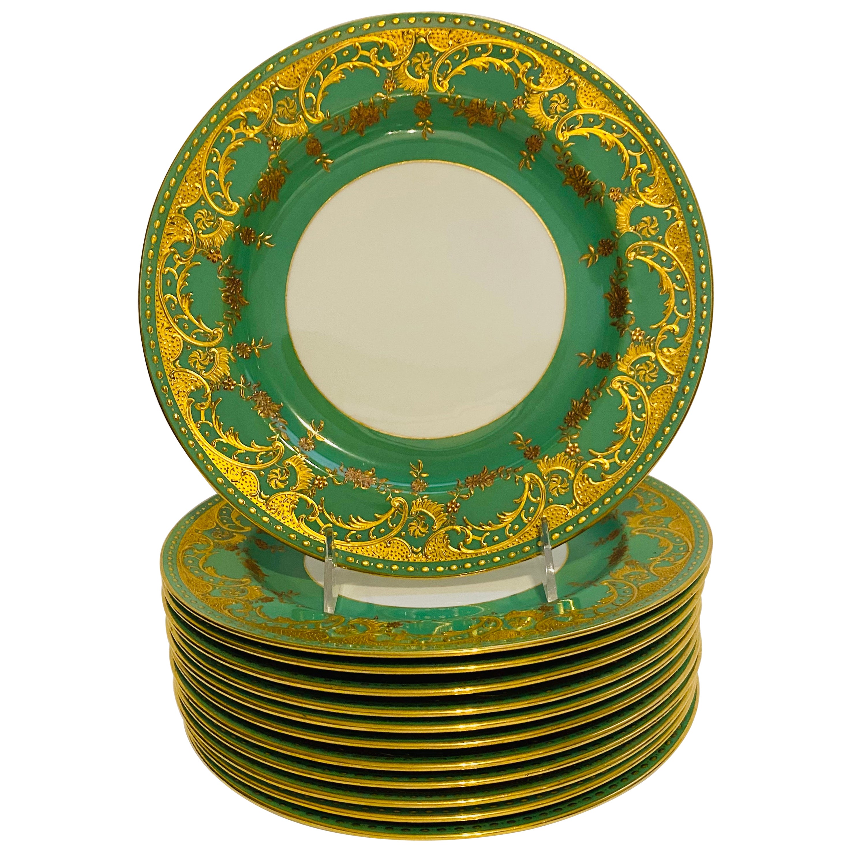 12 Heavily Gilt Encrusted Antique Green & Gold Minton England Dinner Plates