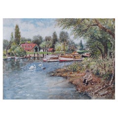 Vintage Traditional English Painting Angler Fishing at Teddington, London England