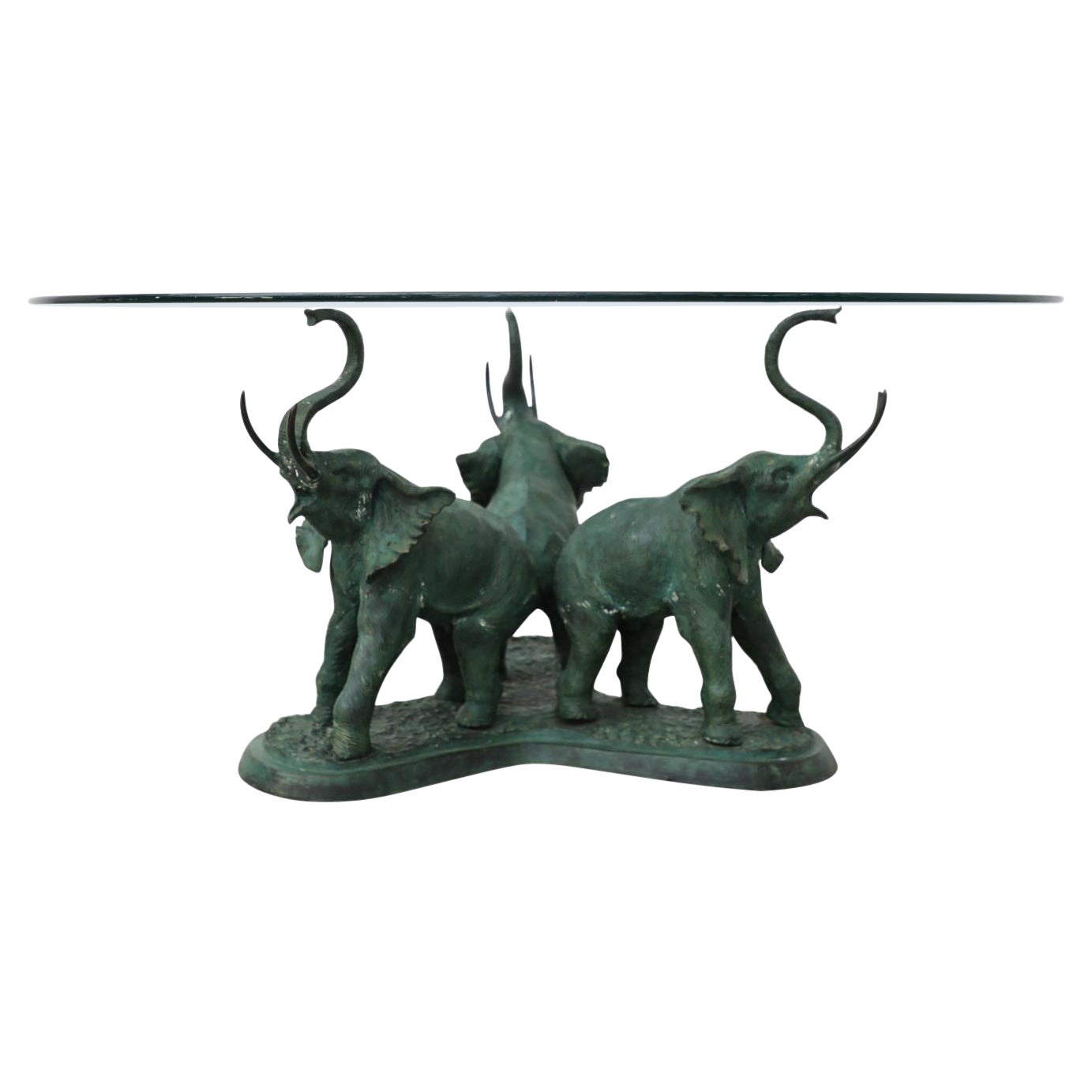 Belgian Sculptural Bronze & Glass Salon Table with Trio of Elephants Base, 1970s