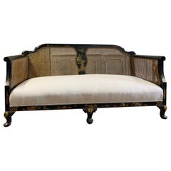 Edwardian Black Chinoiserie Bergère Cane Settee