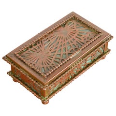 Tiffany Studios New York Pine Needle Bronze and Slag Glass Stamp Box, circa 1910