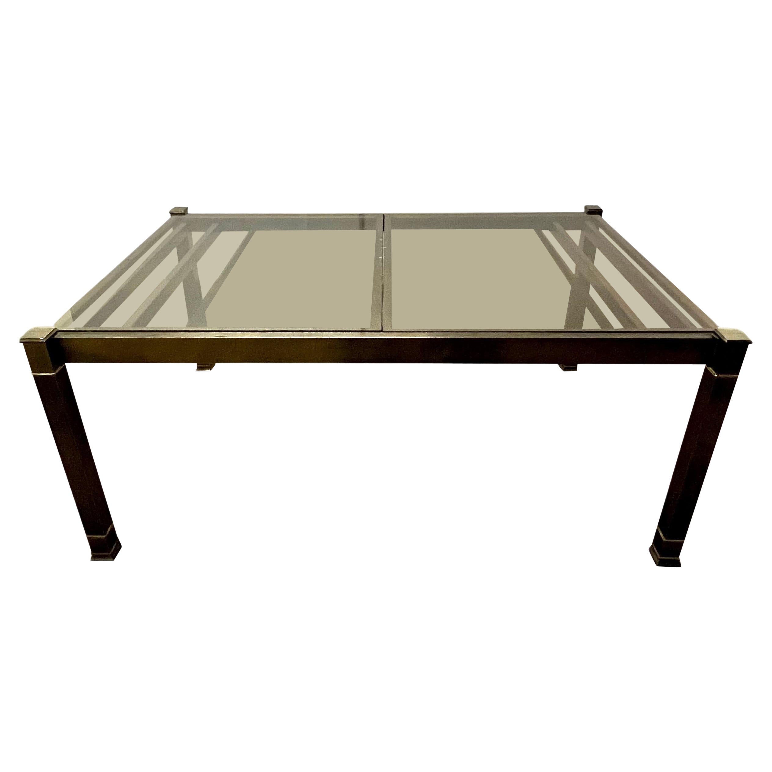 Solid Brass Patinated Mastercraft Expandable Glass Top Dining Table 