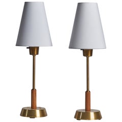 Ewå Värnamo, Table Lamps, Teak, Brass, Fabric, Sweden, 1950s